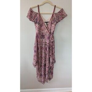 BCBGMaxazria Wrap Dress M Pink Tibetan Handkerchief Boho Off Shoulder Flowy $348